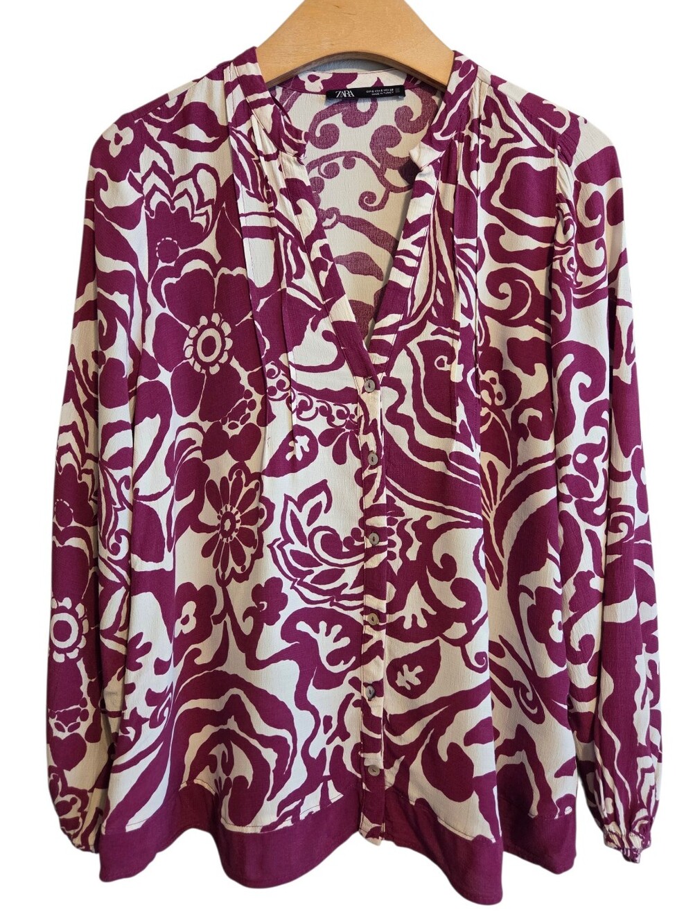 Zara Magenta Cream Abstract Floral Pattern V-neck Pintuck Details Blouse Sz S
